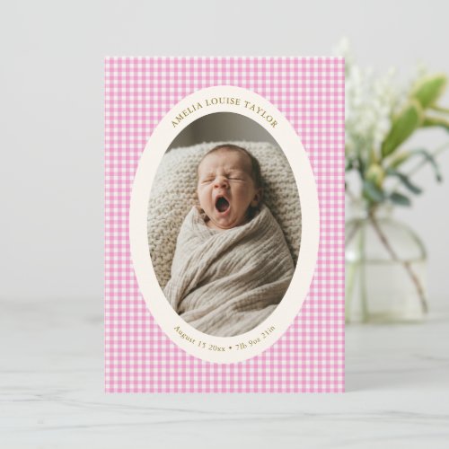 Cute Pink Gingham Oval Photo Baby Girl Birth Stats Announcement