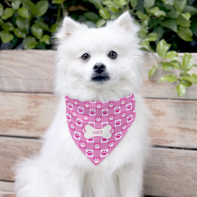 Cute Pink Gingham Paw Prints Personalized Pet Bandana Collar (Dog)