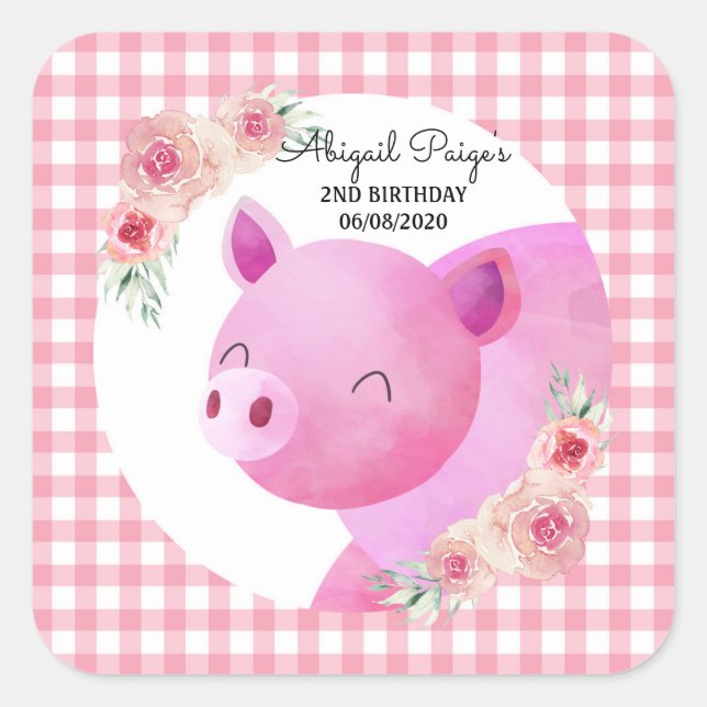 Cute Pink Gingham Pig Floral Birthday Square Sticker (Front)