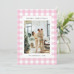 Cute Pink Gingham Plaid 5 Photo Christmas Holiday Card