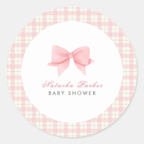 Cute Pink Gingham Plaid Bow Girl Baby Shower  Classic Round Sticker