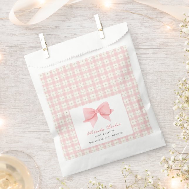 Cute Pink Gingham Plaid Bow Girl Baby Shower  Favor Bag (Clipped)