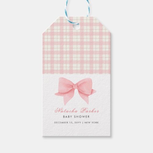 Cute Pink Gingham Plaid Bow Girl Baby Shower  Gift Tags