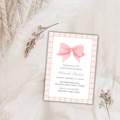 Cute Pink Gingham Plaid Bow Girl Baby Shower  Invitation