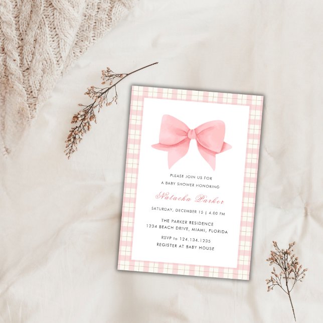 Cute Pink Gingham Plaid Bow Girl Baby Shower  Invitation (Cute Pink Gingham Plaid Bow Girl Baby Shower Invitation)