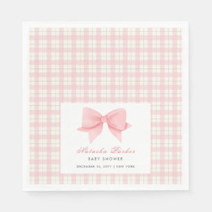 Cute Pink Gingham Plaid Bow Girl Baby Shower Napkins
