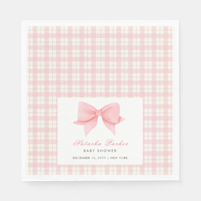 Cute Pink Gingham Plaid Bow Girl Baby Shower  Napkins (Front)