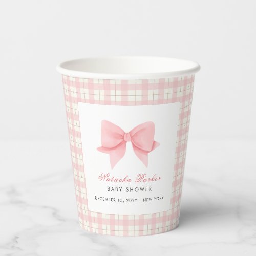 Cute Pink Gingham Plaid Bow Girl Baby Shower  Paper Cups