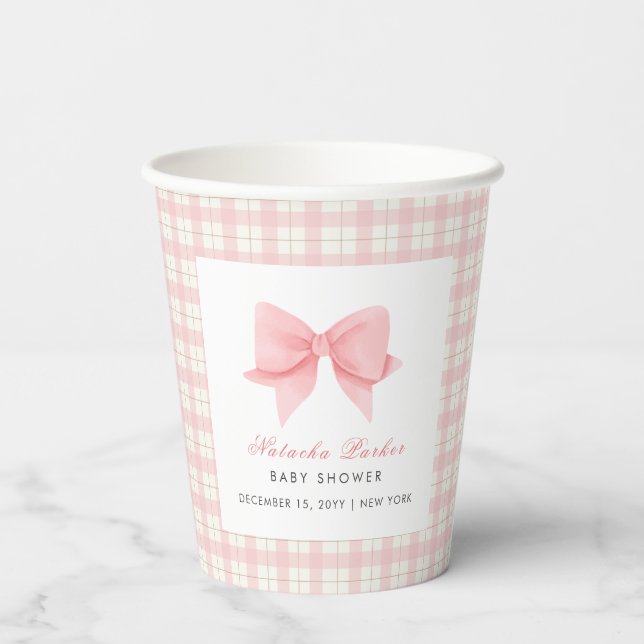 Cute Pink Gingham Plaid Bow Girl Baby Shower  Paper Cups (Back)