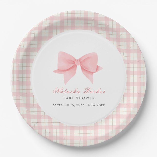 Cute Pink Gingham Plaid Bow Girl Baby Shower  Paper Plates (Front)