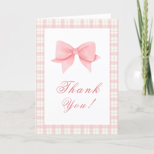Cute Pink Gingham Plaid Bow Girl Baby Shower Thank You Card