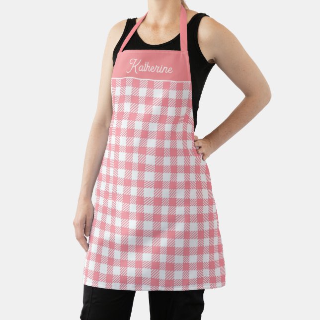 Cute Pink Gingham Plaid Name Apron (Insitu)