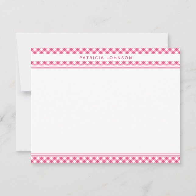Cute Pink Gingham Plaid Personalized Note Card (Front)