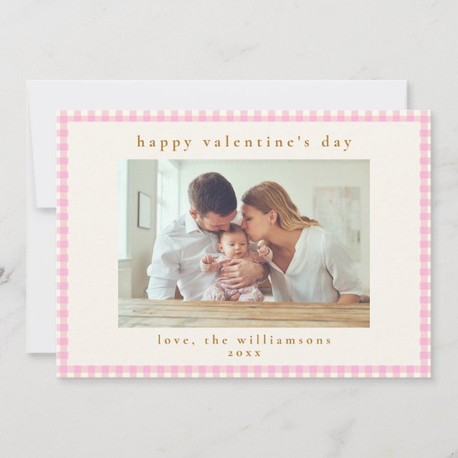 Cute Pink Gingham Plaid Photo Valentine's Day Holiday Card (Front)