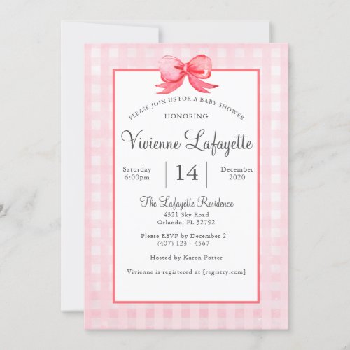 Cute Pink Gingham Red Bow Baby Shower Invitation