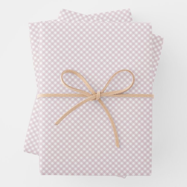 Cute pink gingham simple classic checks baby wrapping paper sheets (In situ)