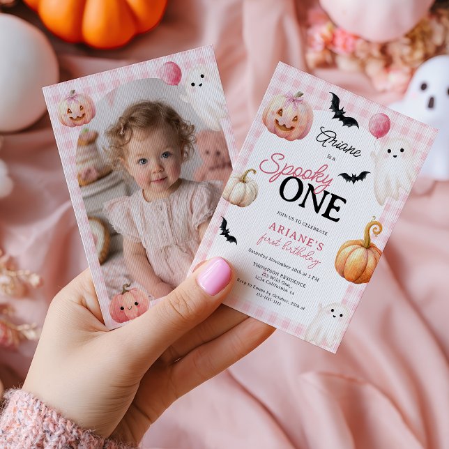 Cute Pink Gingham Spooky One Photo First Birthday Invitation (Cute Pink Gingham Spooky One Photo First Birthday Invitation)