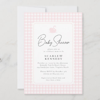 Cute Pink Gingham Swan Simple Baby Shower Invitation