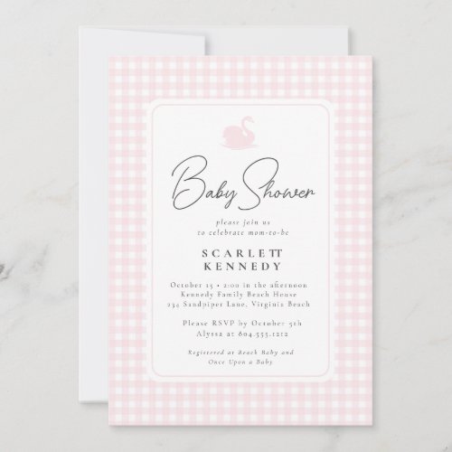 Cute Pink Gingham Swan Simple Baby Shower  Invitation