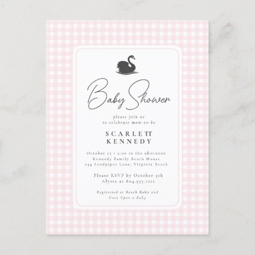 Cute Pink Gingham Swan Simple Baby Shower  Postcard