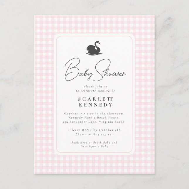Cute Pink Gingham Swan Simple Baby Shower  Postcard (Front)