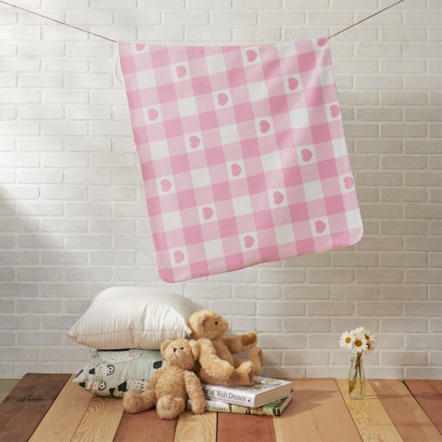 Cute Pink Gingham Vichy With Hearts Baby Blanket (In Situ)