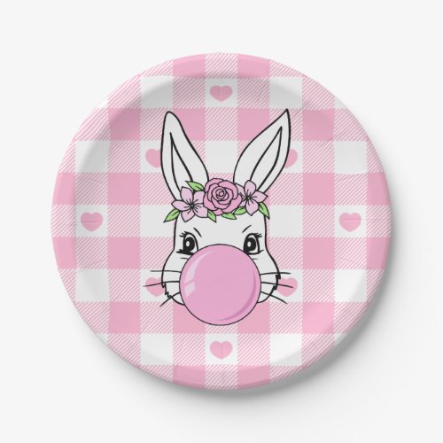 Cute Pink Gingham Vichy With Hearts Easter Bunny Paper Plates
