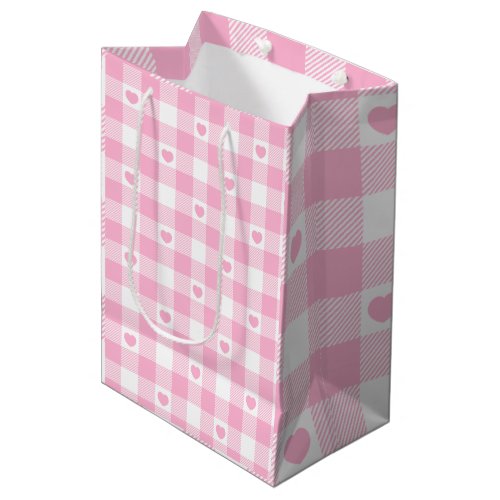 Cute Pink Gingham Vichy With Hearts Medium Gift Bag