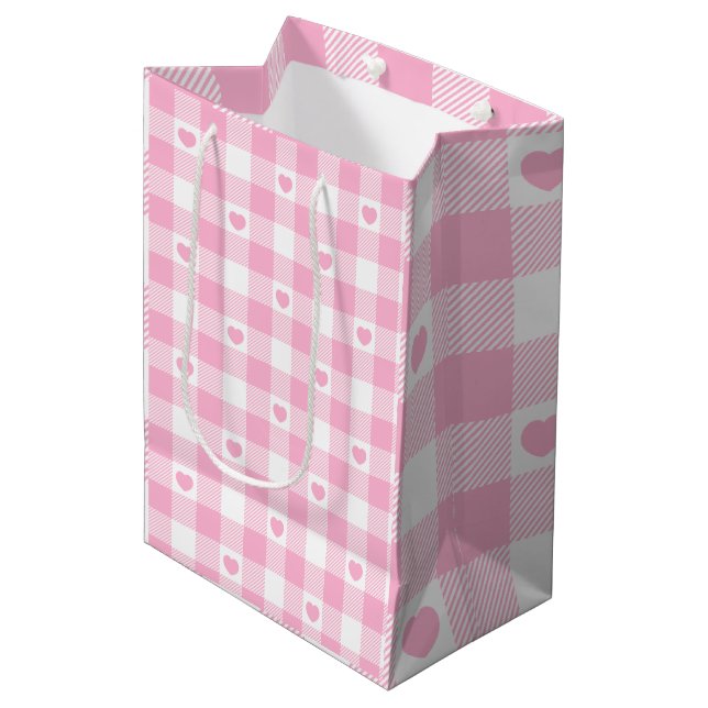 Cute Pink Gingham Vichy With Hearts Medium Gift Bag (Front Angled)
