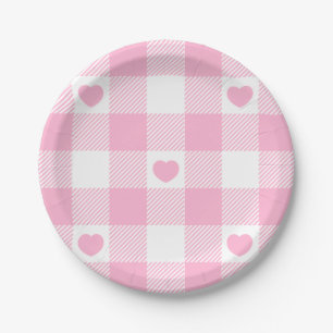 Cute Pink Gingham Vichy With Hearts Paper Plates