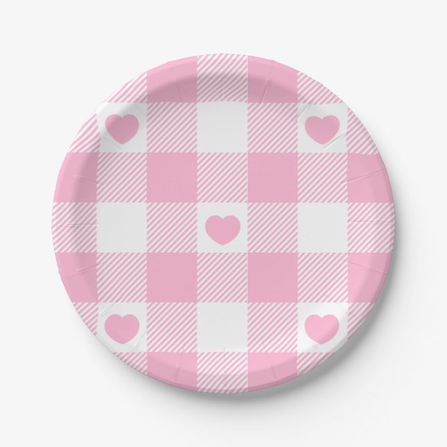 Cute Pink Gingham Vichy With Hearts Paper Plates (Front)