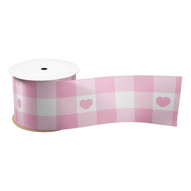 Cute Pink Gingham Vichy With Hearts Satin Ribbon (Spool)