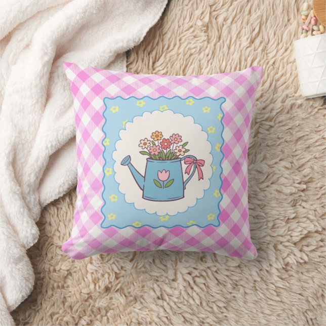 Cute Pink Gingham Watering Can Floral  Throw Pillow (Blanket)