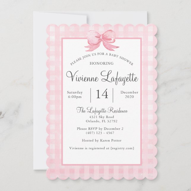 Cute Pink Gingham with Bow Baby Shower Invitation (Front)