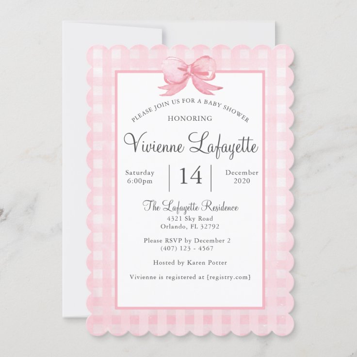 Cute Pink Gingham with Bow Baby Shower Invitation | Zazzle