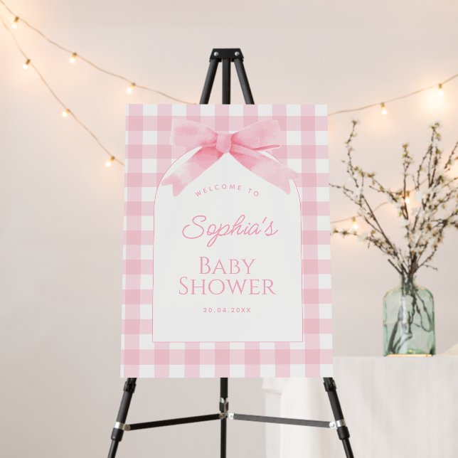 Cute Pink Gingham with Bow Girl Baby Shower Foam Board (In Situ (Stand))