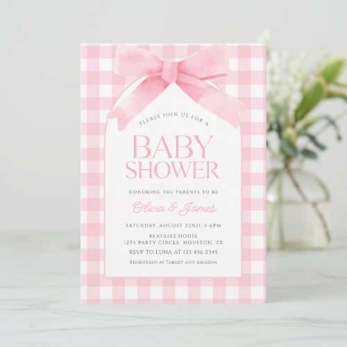 Cute Pink Gingham with Bow Girl Baby Shower Invitation