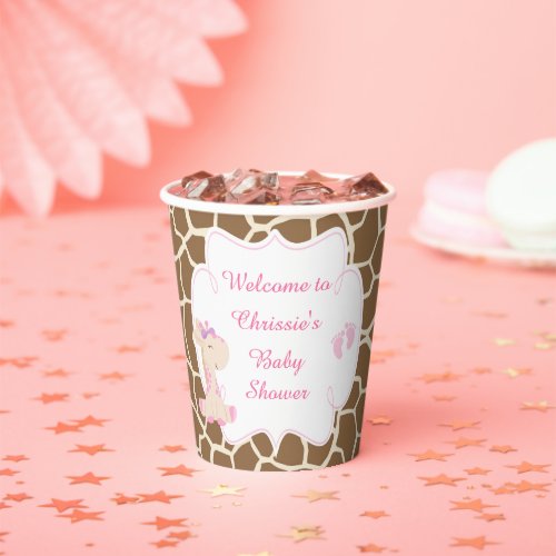 Cute Pink Giraffe Baby Shower Paper Cups