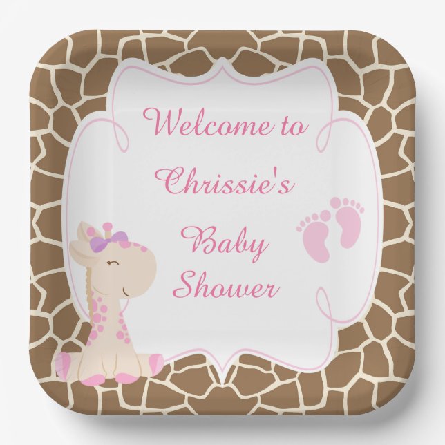 Cute Pink Giraffe Baby Shower Paper Plates (Front)