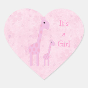 Cute Pink Giraffes & Flowers Its A Girl New Baby Heart Sticker