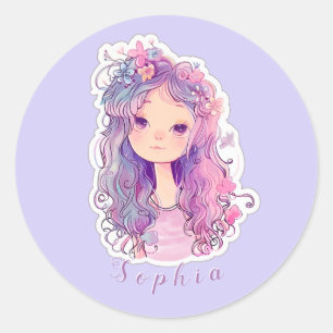 Cute pink girl 3, personalized classic round sticker