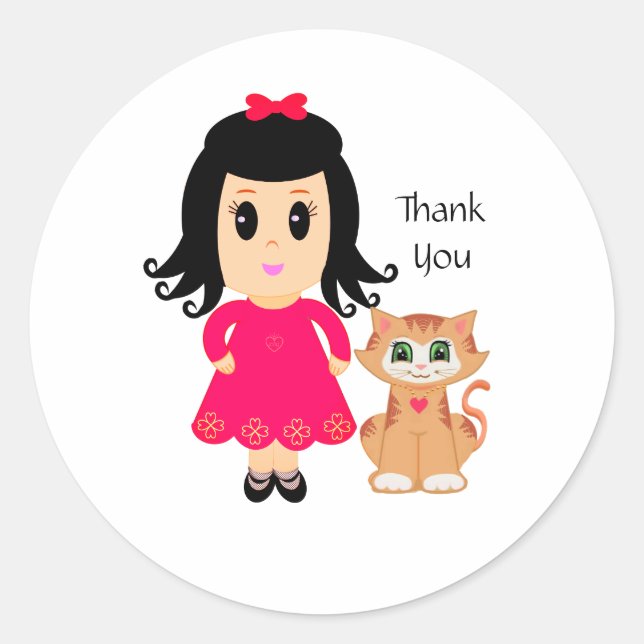 Cute pink girl and a ginger kitty cat Thank You Classic Round Sticker (Front)