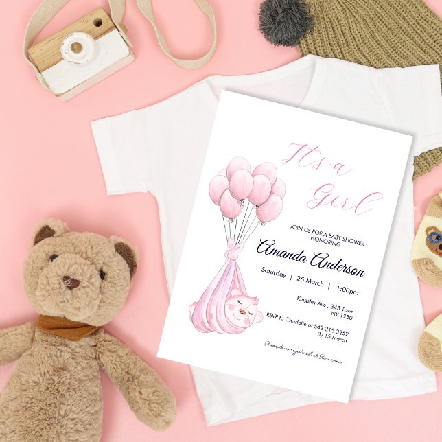 Cute Pink Girl Bear Balloon Baby Shower Invitation (Cute Pink Girl Bear Balloon Baby Shower Invite)