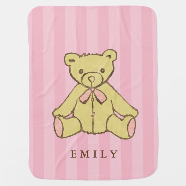 Cute Pink Girl Bear Personalized Receiving Blanket (Front)