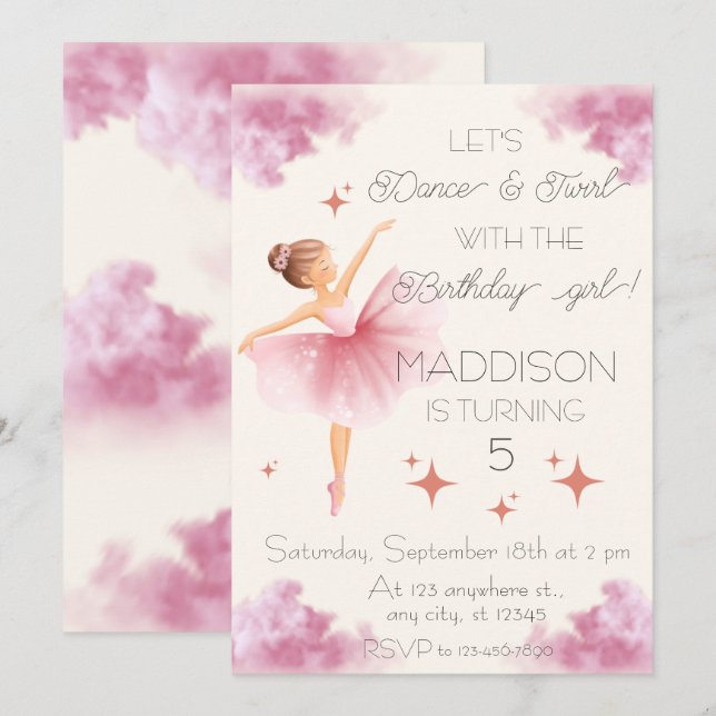 Cute Pink girl birthday ballet party Invitation (Front/Back)
