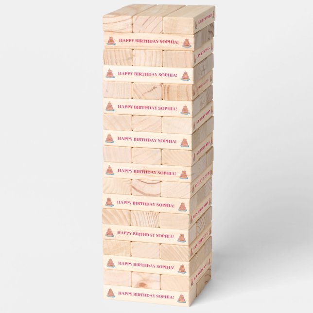 Cute Pink Girl Birthday Cake Topple Tower (Assembled)