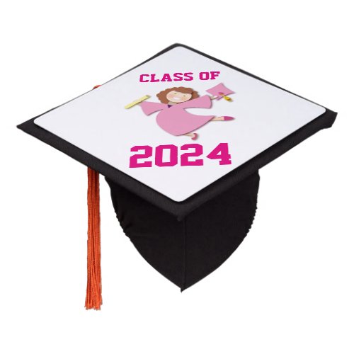 Cute Pink Girl Cartoon  Class of 2024 Graduation Cap Topper