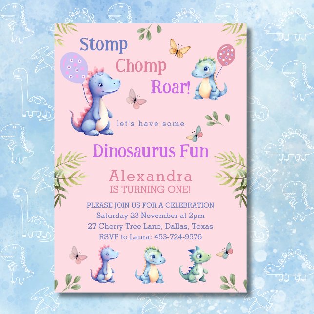 Cute Pink Girl Dinosaur 1st Birthday Party Invitation (Creator Uploaded)