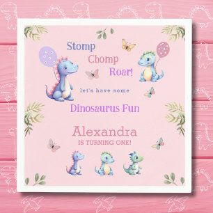 Cute Pink Girl Dinosaur 1st Birthday Party Napkins