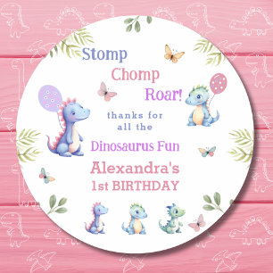 Cute Pink Girl Dinosaur 1st Birthday Thank You Classic Round Sticker